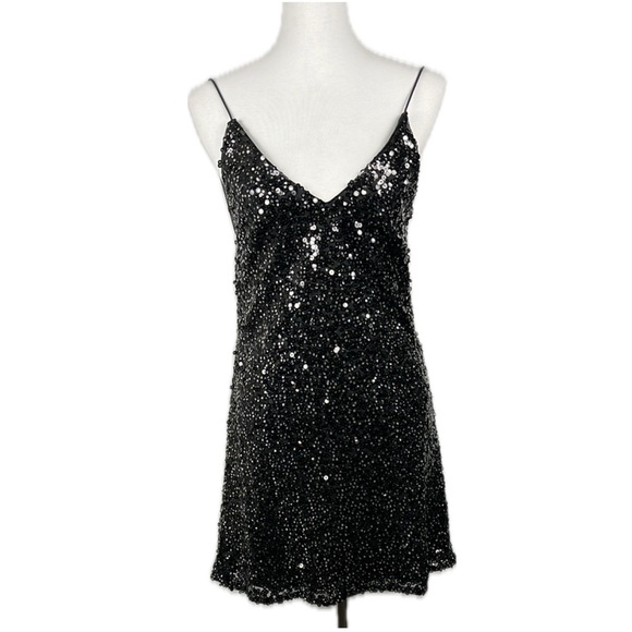Force of Fashion Black Backless Sequin V-neck Mini Dress Sz S Cocktail Swifty - Picture 1 of 12